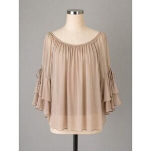 Le Marais Italian Silk Blend Blouse M Taupe Boho Bell Sleeve Flowy Romantic Top
